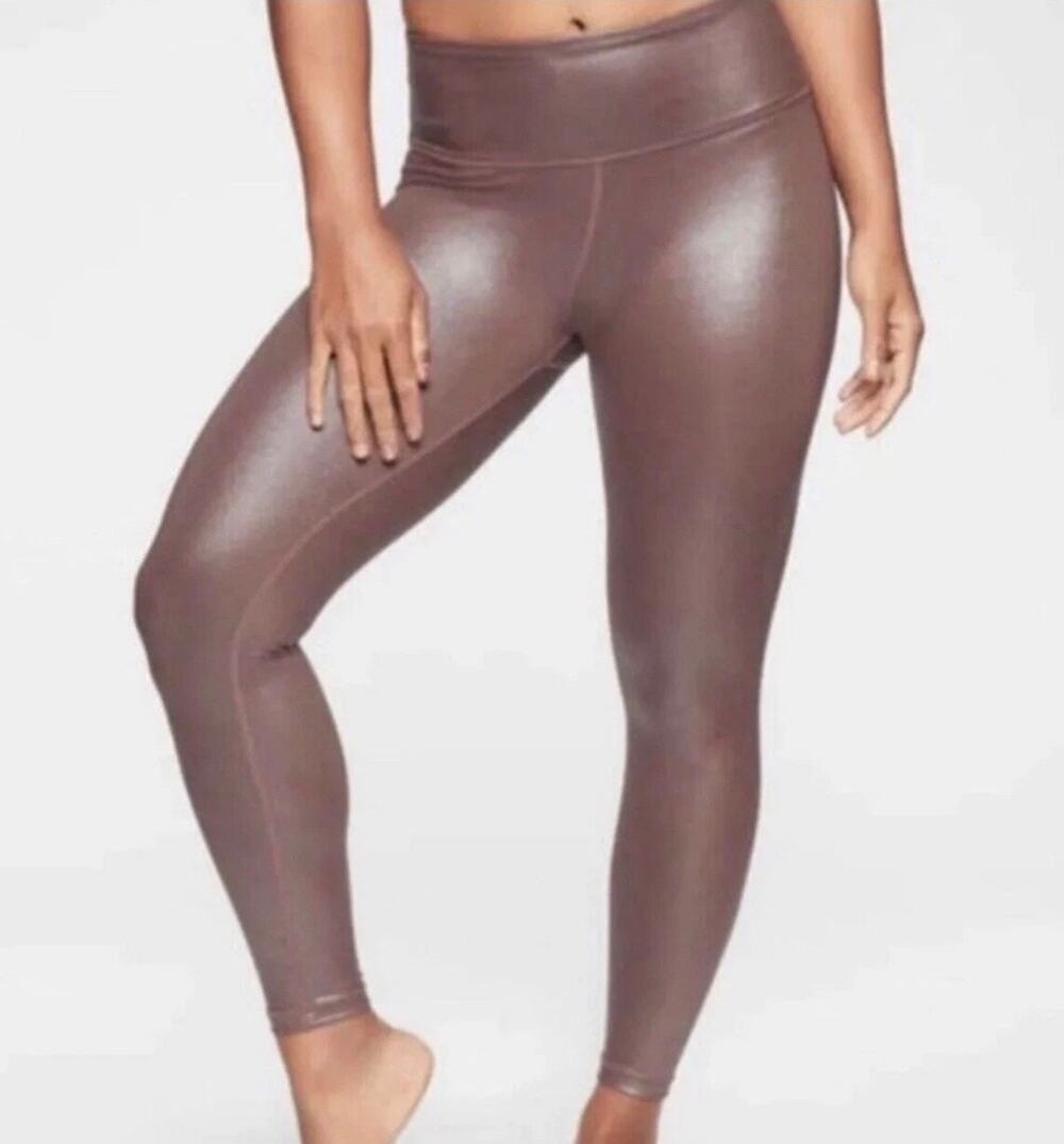 Athleta Elation Shimmer Mocha Latte PowerVita High Rise Leggings Tights Sz Small